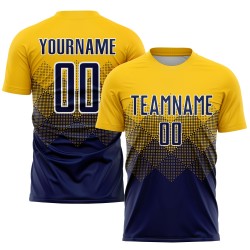 Maglia da calcio personalizzata con stampa sublimatica blu navy e bianca in oro