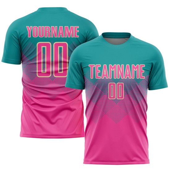 Maglia da calcio personalizzata con stampa a sublimazione color crema-verde acqua Maglia da calcio personalizzata con stampa a sublimazione color crema-verde acqua