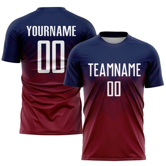 Maglia da calcio personalizzata con stampa a sublimazione blu navy bianco-cremisi Maglia da calcio personalizzata con stampa a sublimazione blu navy bianco-cremisi