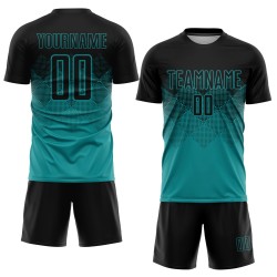 Maglia da calcio personalizzata con stampa sublimatica nera e verde acqua Maglia da calcio personalizzata con stampa sublimatica nera e verde acqua