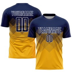 Maglia da calcio personalizzata con stampa sublimatica blu navy e bianca in oro