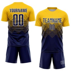 Maglia da calcio personalizzata con stampa sublimatica blu navy e bianca in oro