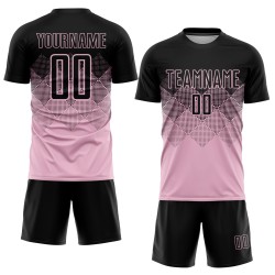 Maglia da calcio personalizzata rosa chiaro e nera con stampa a sublimazione Maglia da calcio personalizzata rosa chiaro e nera con stampa a sublimazione